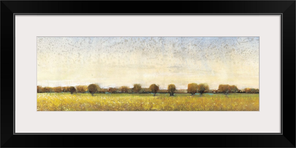 Contemporary painting of a meadow with trees in the distance.