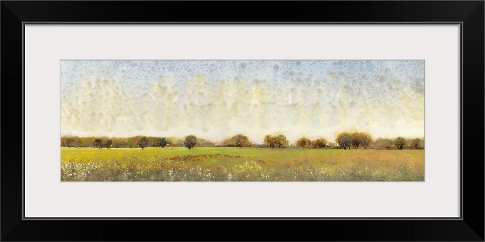 Contemporary painting of a meadow with trees in the distance.