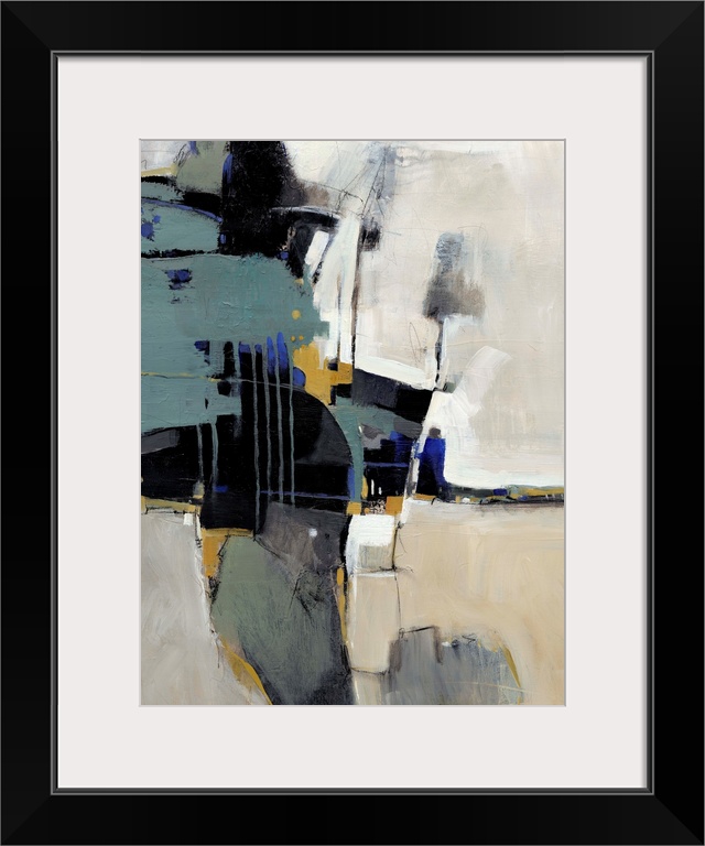 This vertical contemporary painting is an abstraction of dark shapes contrasting with a light background and small dribble...