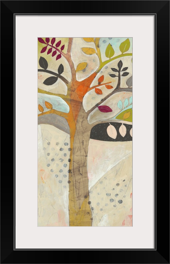 Contemporary painting of a tree using muted browns, oranges and blues.