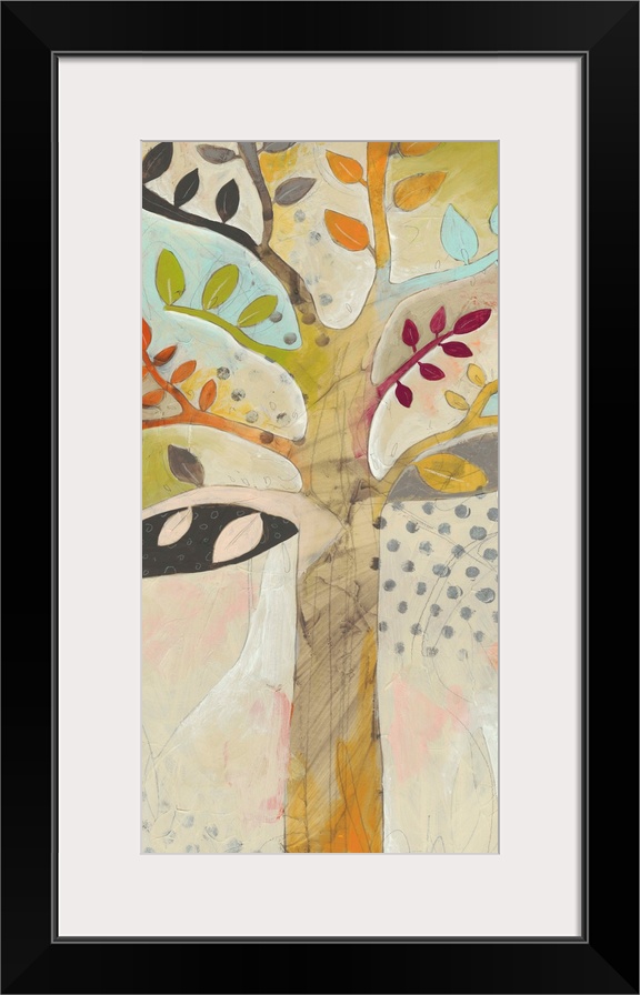 Contemporary painting of a tree using muted browns, oranges and blues.