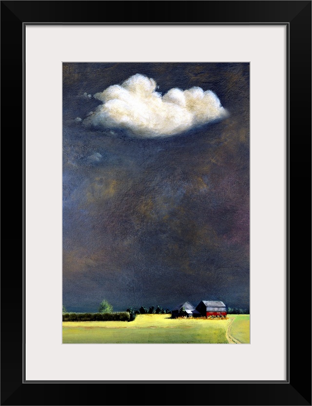 Painting of a farm surround by a field with a large open sky and a single white cloud.