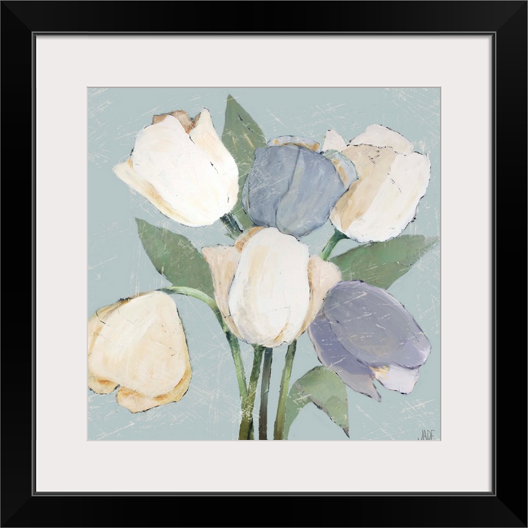 Square painting of white and light purple French tulips on a pale blue background.