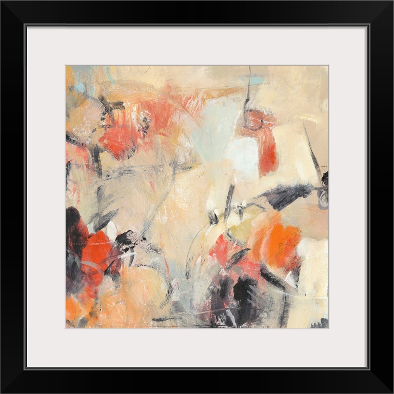 Contemporary abstract painting in various colors like muted orange and bright orange-red.