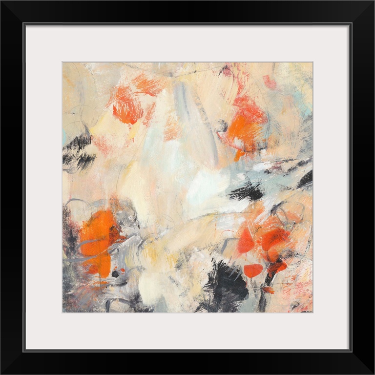 Contemporary abstract painting in various colors like muted orange and bright orange-red.