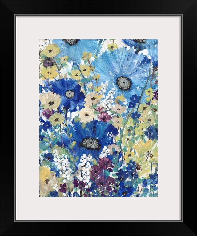 Artistic painting of a garden of wild flowers in shades of blue, yellow and purple.