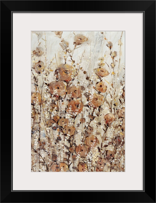 Contemporary painting of abstracted wildflowers in various brown hues.