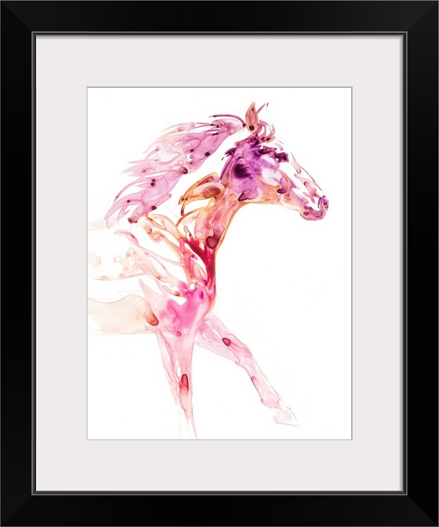 Watercolor painting of a horse created with pink, purple, and orange hues on a white background.