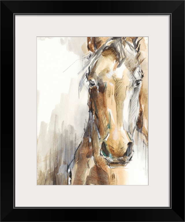 Beautiful artwork of a tan horse in a loose, sketchy, watercolor style. This elegant image would compliment a farmhouse or...