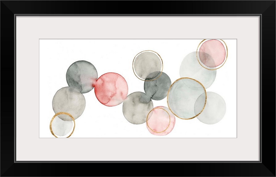 Contemporary abstract painting with watercolored circles connecting together in shades of gray and pink, with metallic gol...