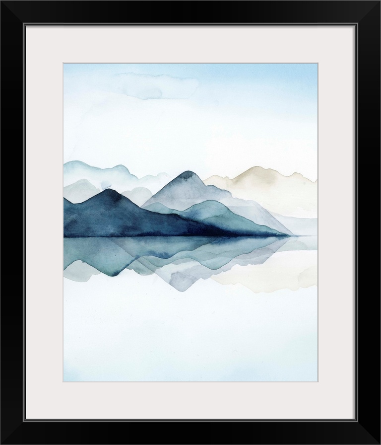 Watercolor painting of misty mountains reflected in glacial waters.