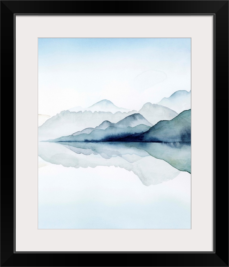 Watercolor painting of misty mountains reflected in glacial waters.