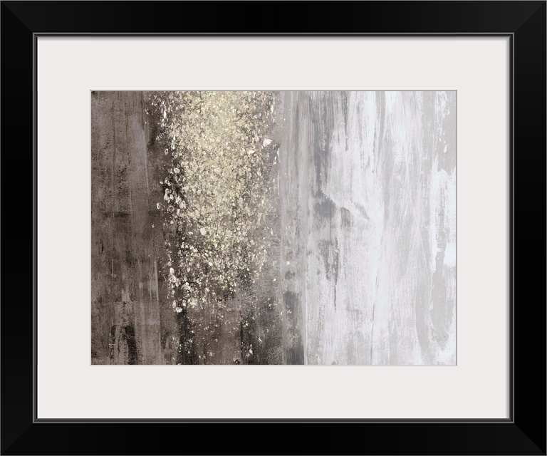 A horizontal, neutral abstract in tones of warm grey with a glittery gold accent. The background is reminiscent of natural...