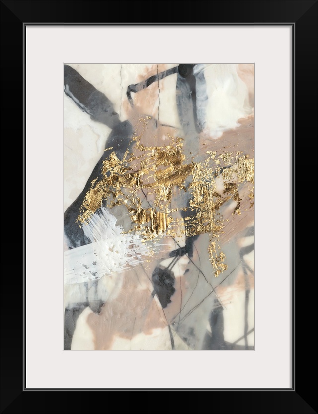 Abstract of chaotic brush strokes of gray, black and beige in washed out shaded on a cream background with metallic gold a...