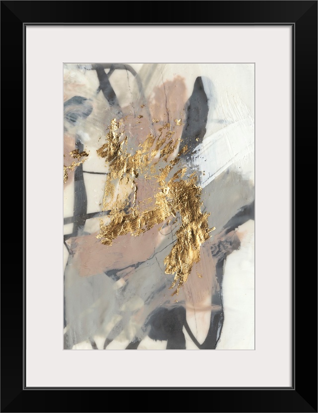 Abstract of chaotic brush strokes of gray, black and beige in washed out shaded on a cream background with metallic gold a...