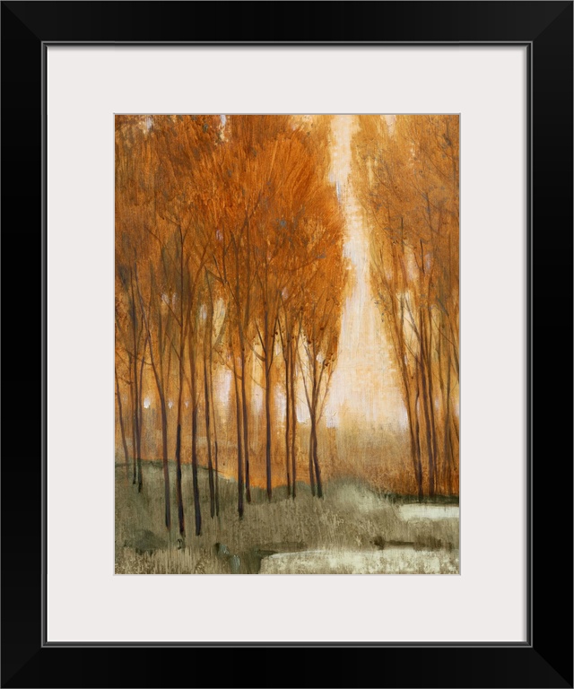 A painting looking through a narrow arch to a clearing in a forest.