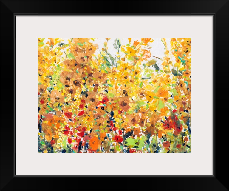 Contemporary painting of a summer garden full of blooming orange and yellow flowers.