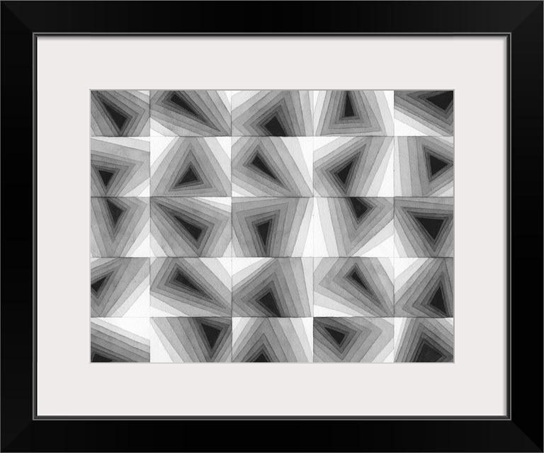 Contemporary abstract artwork of a grid of geometric shapes in gradating gray tones.
