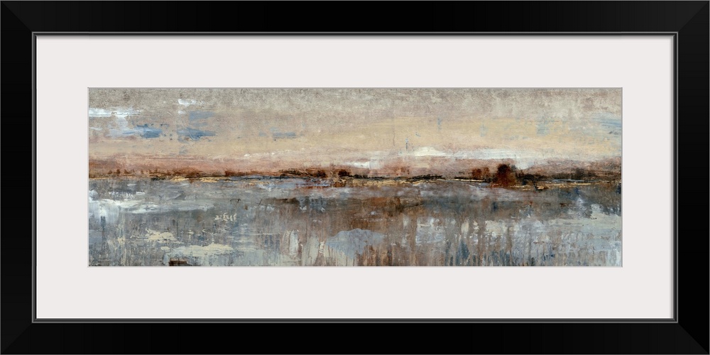 This long, panoramic abstract painting is reminiscent of a coastal landscape. Impressionist-style brush strokes convey the...