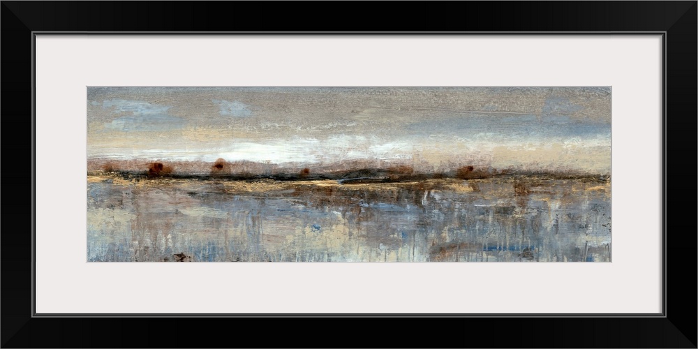 This long, panoramic abstract painting is reminiscent of a coastal landscape. Impressionist-style brush strokes convey the...
