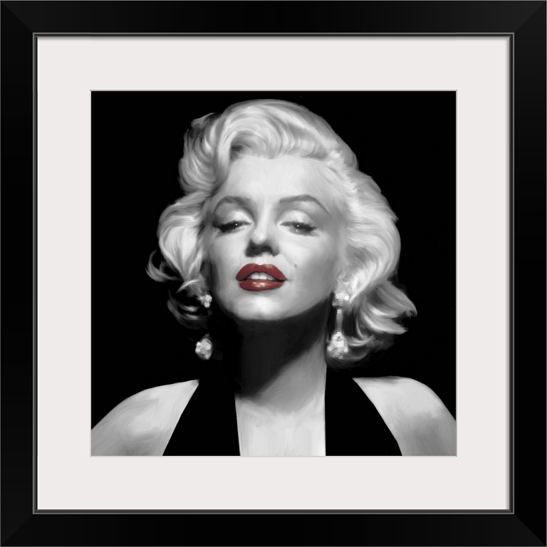 Black and white image of Marilyn Monroe with red lipstick.