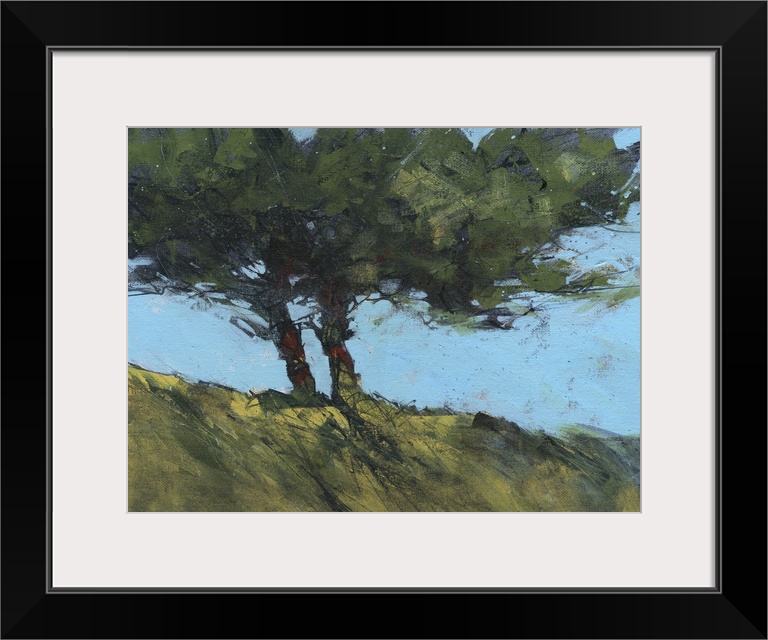 Contemporary painting of twin trees next to each other on a hill.