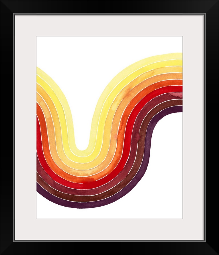 Contemporary abstract watercolor painting of a curved shaped in warm tones from eggplant to daffodil yellow.