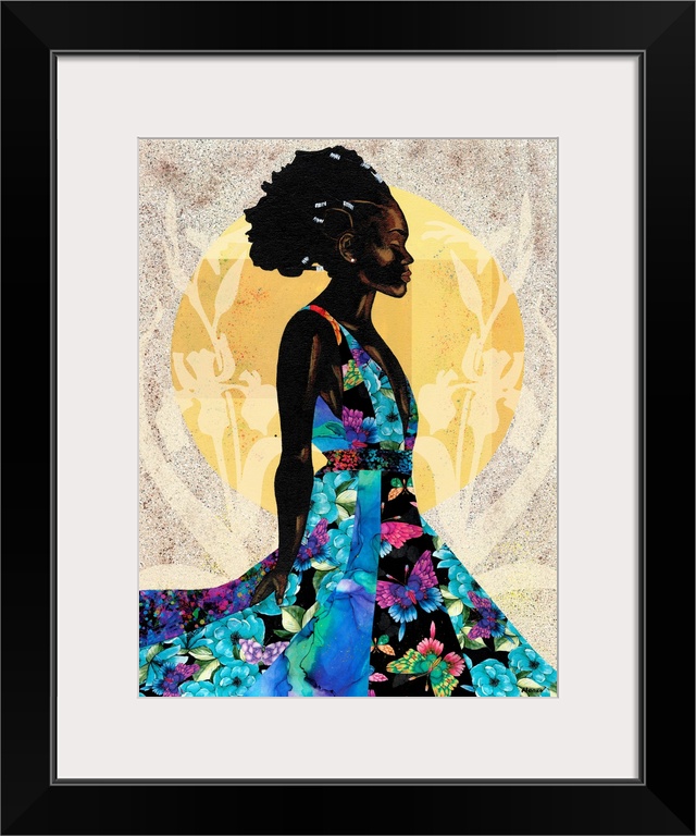 A stunning contemporary portrait of a Black woman in a blue floral dress against a neutral colored background