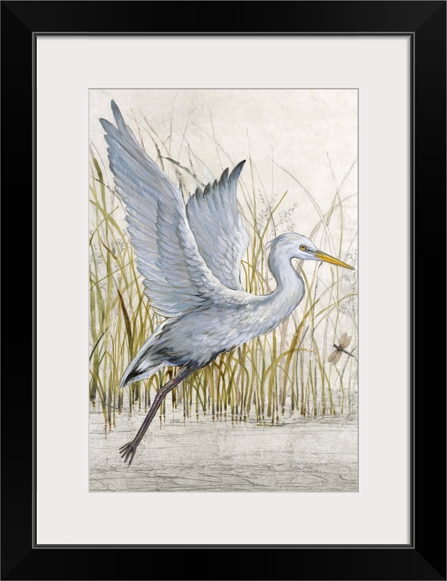 Contemporary artwork of a heron about to take off into flight.