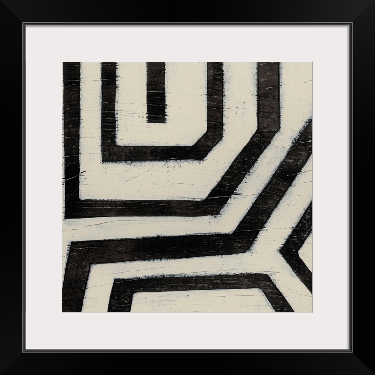 Black and white abstract artwork made of angled lines.