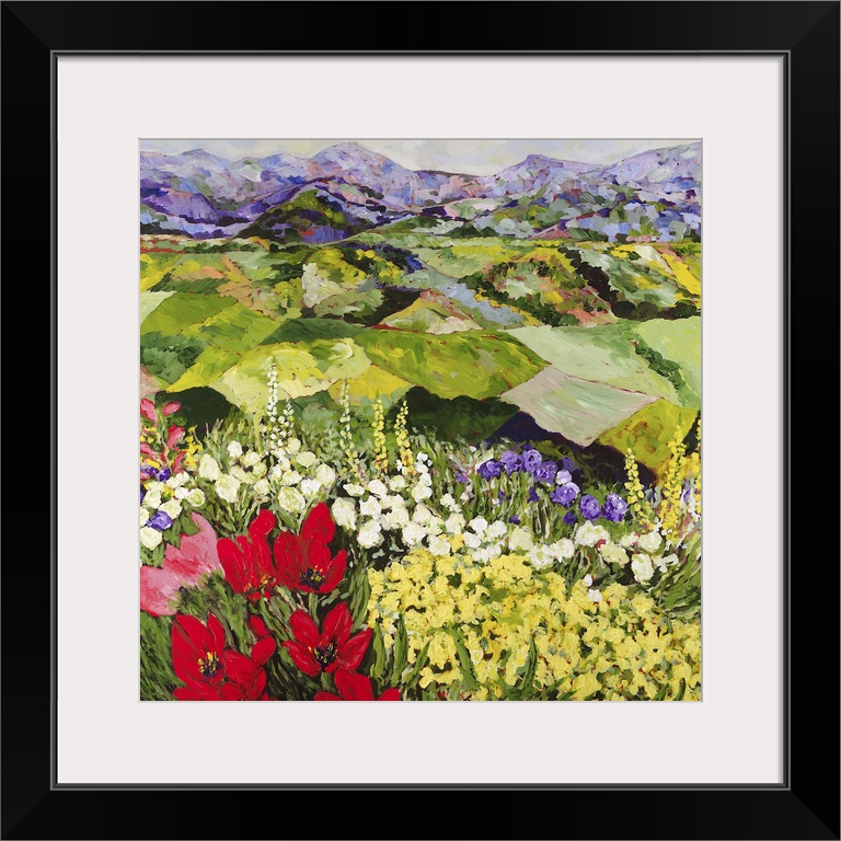 Contemporary painting of a country landscape with lots of colorful flowers and fields of growing crops.