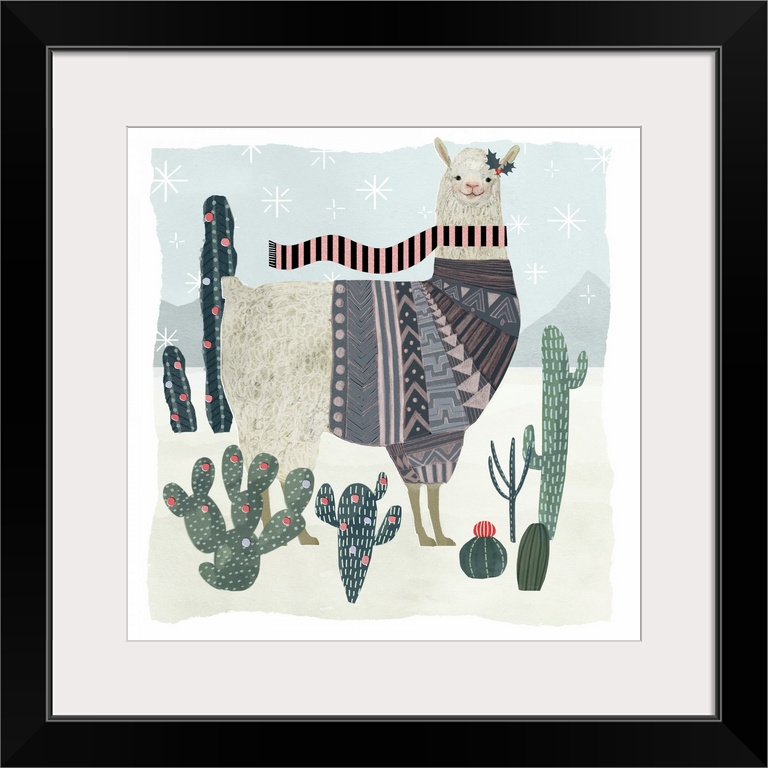 An amusing llama wearing a patterned sweater walks through a desert with cacti in this decorative artwork.