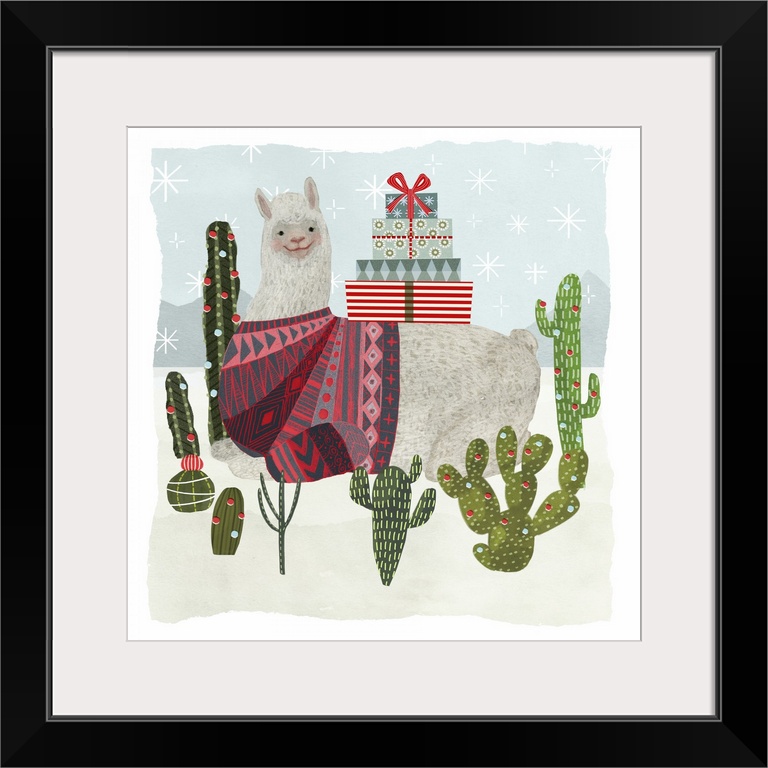 An amusing llama wearing a patterned sweater sits in a desert with cacti in this decorative artwork.