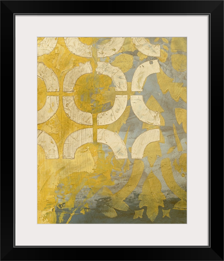 Vertical, giant, contemporary wall painting of harsh, thick, yellow brush strokes on a grey background, with cream colored...