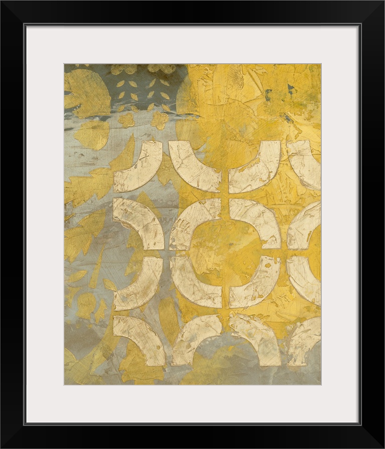 Modern art with circular and other designs overlayed in a mix of neutral and bright tones.