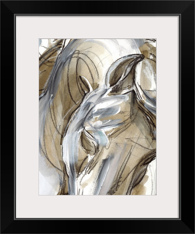 Abstract figurative painting of the close up view of a horse done in brown and white paint with sketched black lines overl...