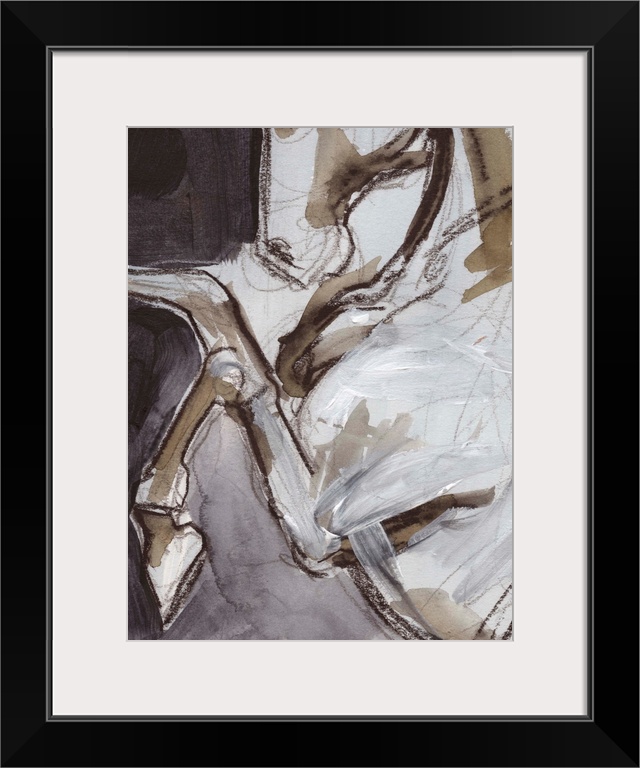 Abstract figurative painting of the close up view of a horse done in brown and white paint with sketched black lines overl...