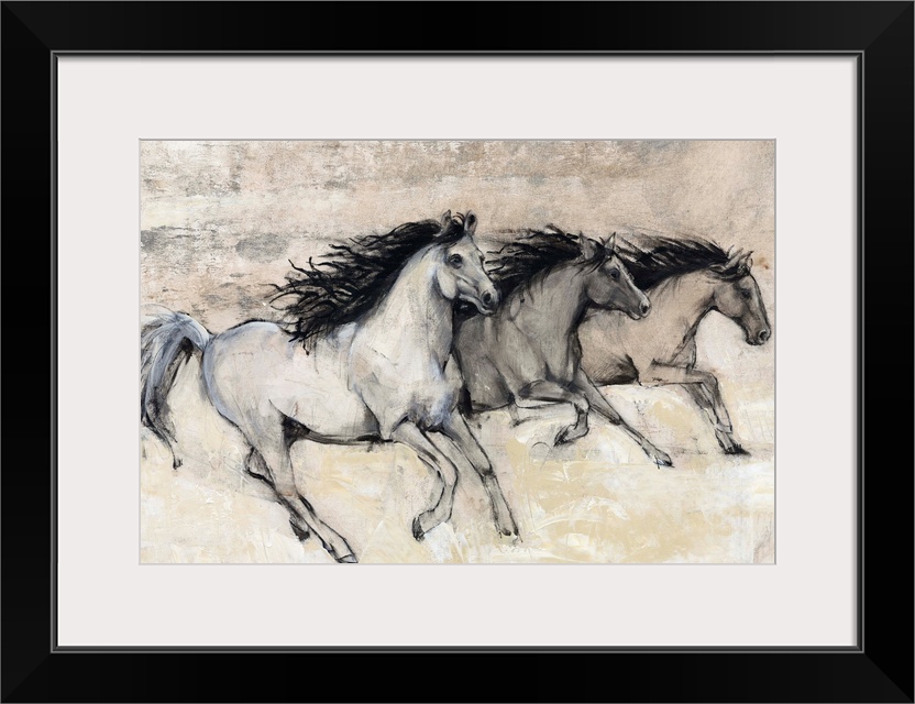 Contemporary artwork of a herd of horses galloping at fast pace.