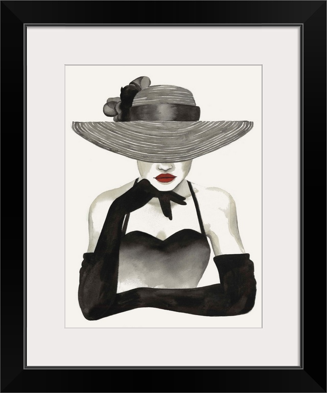 Fashion docor image of a slender woman wearing elbow length black gloves and a large straw hat. Her eyes are covered, givi...