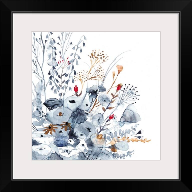 Square watercolor painting of indigo, orange, and red wildflowers.