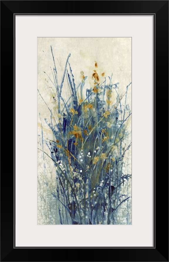 Contemporary abstract artwork using dark cool tones in wispy line strokes creating what looks like grass and flowers.