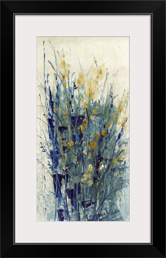 Contemporary abstract artwork using dark cool tones in wispy line strokes creating what looks like grass and flowers.