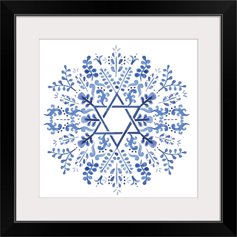 Indigo floral design around a centered interpretation of the Star of David.