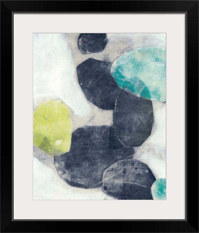 Contemporary painting with abstracted ovular forms in indigo and green on a neutral background.