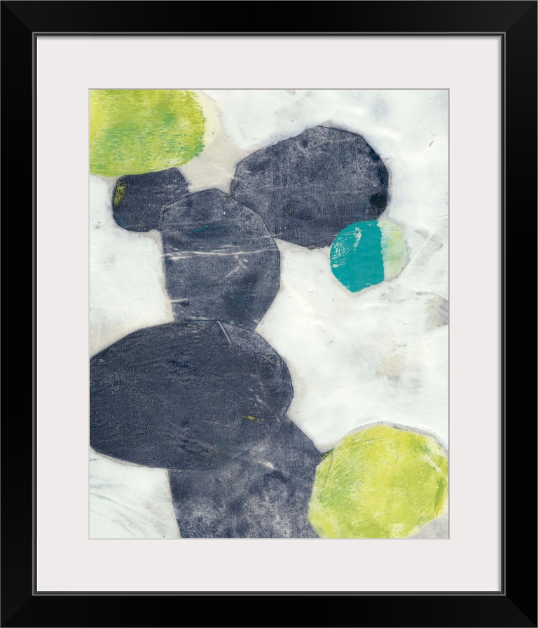 Contemporary painting with abstracted ovular forms in indigo and green on a neutral background.