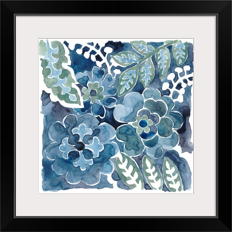 Watercolor floral motif in shades of indigo.