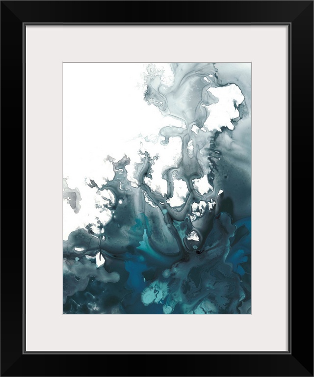 Abstract artwork with indigo hues marbling together creating movement on a white background.
