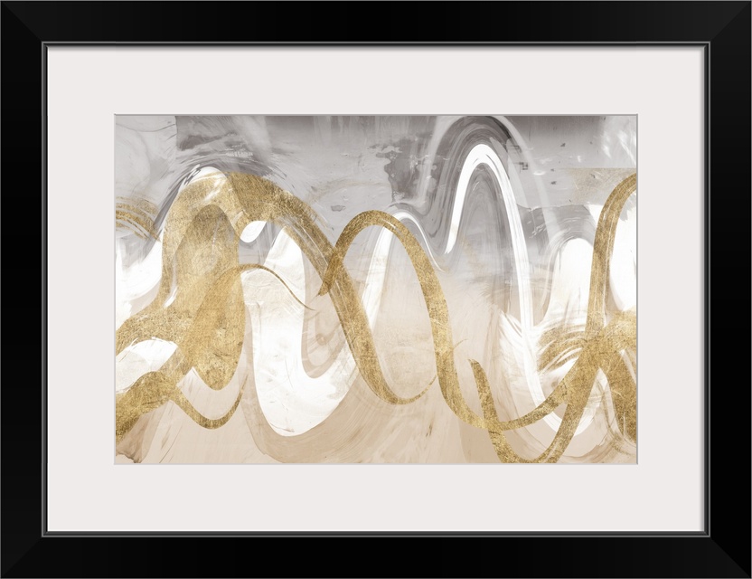 Abstract contemporary painting of interweaving gold and white wavy lines.