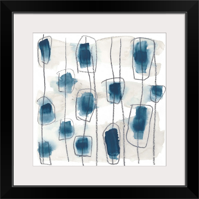 Contemporary abstract painting in gray and indigo blue.