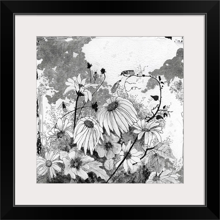 Contemporary floral artwork with a worn and distressed style.